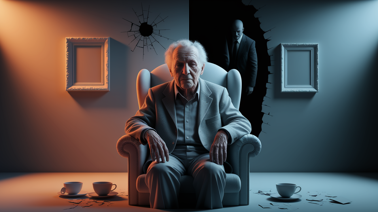 A conceptual illustration representing Identifying Signs of Elder Abuse. Visualize the main ideas: . Creative but clear representation of the concept. Style: photorealistic. high quality, detailed, professional, clean composition, good lighting, sharp focus, well-composed. high quality, professional, detailed, well-composed