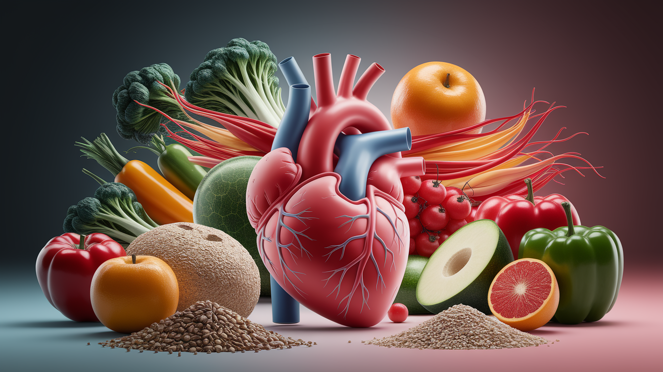 A conceptual illustration representing Cardiovascular Benefits of Fiber. Visualize the main ideas: . Creative but clear representation of the concept. Style: photorealistic. high quality, detailed, professional, clean composition, good lighting, sharp focus, well-composed. high quality, professional, detailed, well-composed