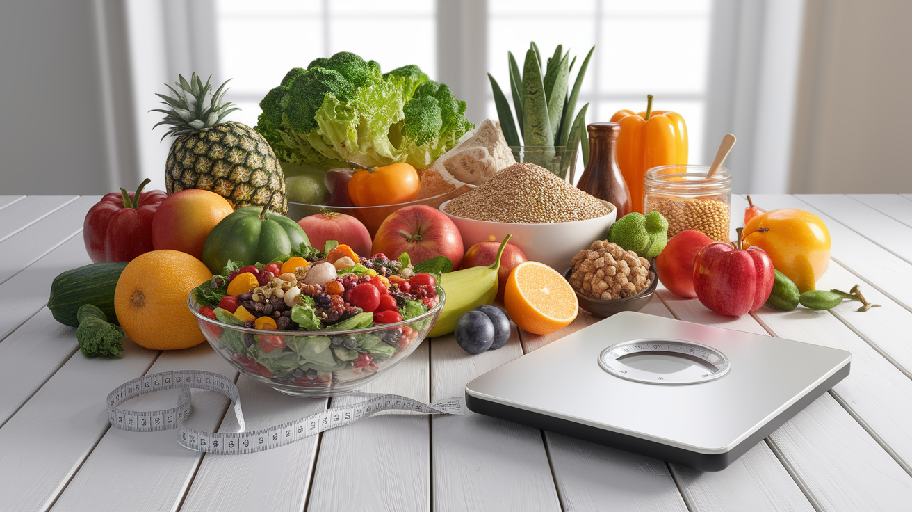 A conceptual illustration representing Fiber and Weight Management. Visualize the main ideas: . Creative but clear representation of the concept. Style: photorealistic. high quality, detailed, professional, clean composition, good lighting, sharp focus, well-composed. high quality, professional, detailed, well-composed