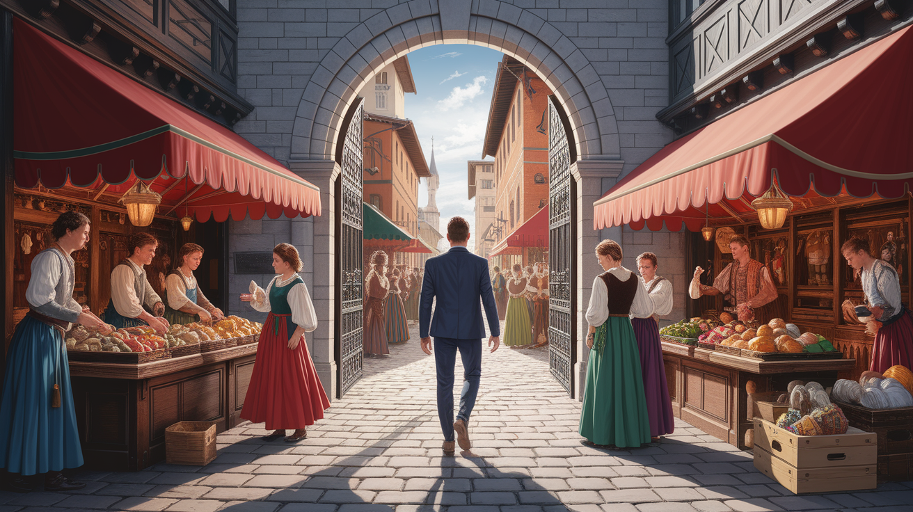 A conceptual illustration representing A Journey Back to the 15th Century. Visualize the main ideas: . Creative but clear representation of the concept. Style: photorealistic. high quality, detailed, professional, clean composition, good lighting, sharp focus, well-composed. high quality, professional, detailed, well-composed