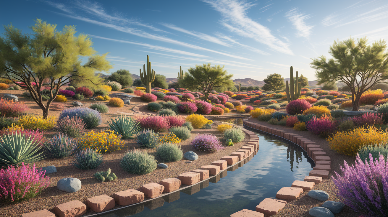 A conceptual illustration representing Red Hills Desert Garden - A Model of Sustainable Landscaping. Visualize the main ideas: . Creative but clear representation of the concept. Style: photorealistic. high quality, detailed, professional, clean composition, good lighting, sharp focus, well-composed. high quality, professional, detailed, well-composed