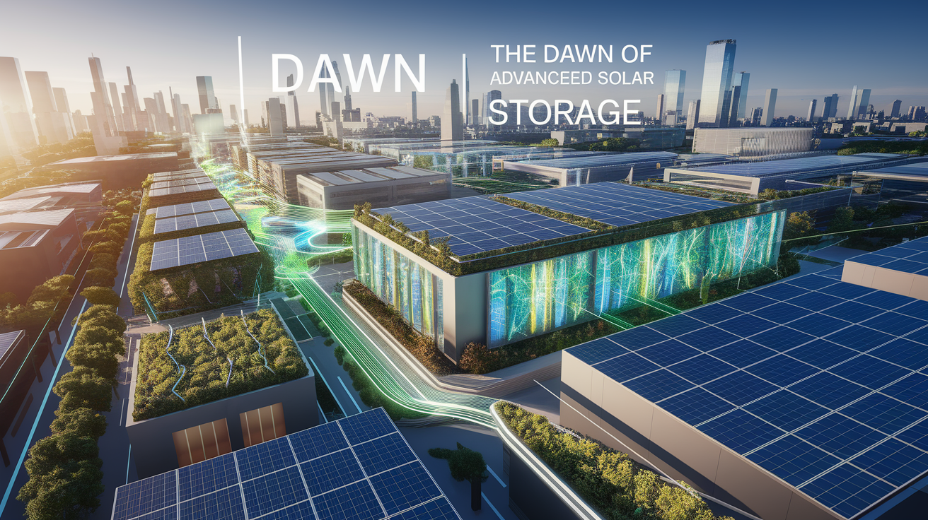 A conceptual illustration representing The Dawn of Advanced Solar Storage. Visualize the main ideas: . Creative but clear representation of the concept. Style: Visual Theme: Clean, modern aesthetic with high contrast and vibrant energy. Emphasize the intersect. high quality, detailed, professional, clean composition, good lighting, sharp focus, well-composed. high quality, professional, detailed, well-composed