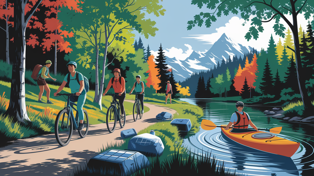 A conceptual illustration representing Outdoor Adventures with a Low Ecological Footprint. Visualize the main ideas: . Creative but clear representation of the concept. Style: photorealistic. high quality, detailed, professional, clean composition, good lighting, sharp focus, well-composed. high quality, professional, detailed, well-composed