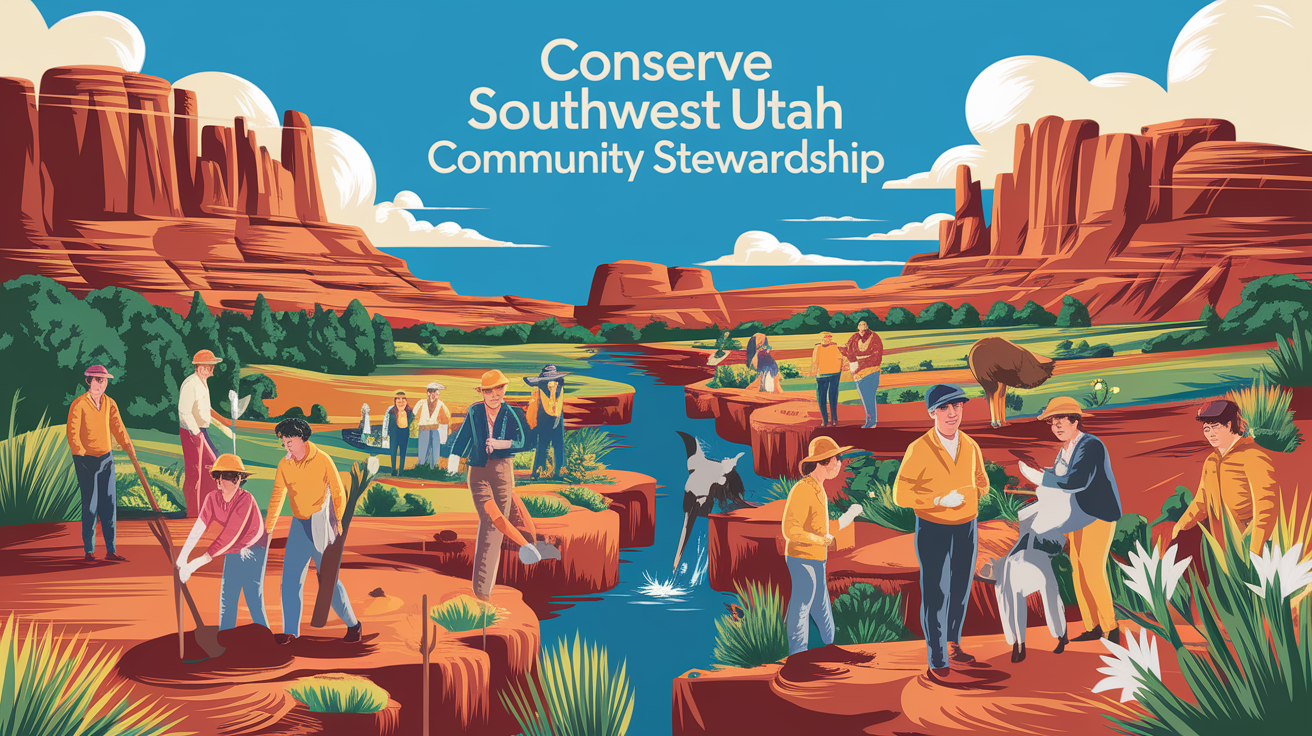 A conceptual illustration representing Conserve Southwest Utah - Community Stewardship. Visualize the main ideas: . Creative but clear representation of the concept. Style: photorealistic. high quality, detailed, professional, clean composition, good lighting, sharp focus, well-composed. high quality, professional, detailed, well-composed