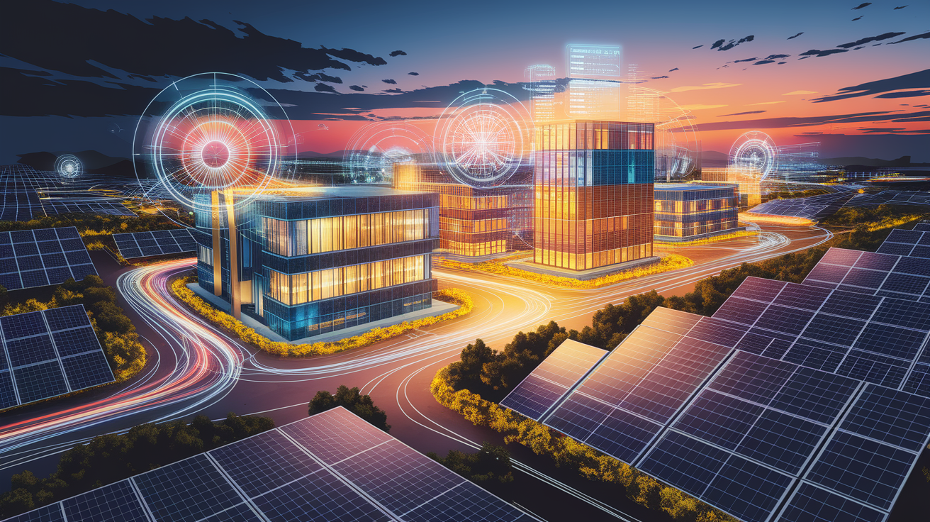 A conceptual illustration representing Integrating Solar Storage with Smart Grids. Visualize the main ideas: . Creative but clear representation of the concept. Style: Visual Theme: Clean, modern aesthetic with high contrast and vibrant energy. Emphasize the intersect. high quality, detailed, professional, clean composition, good lighting, sharp focus, well-composed. high quality, professional, detailed, well-composed