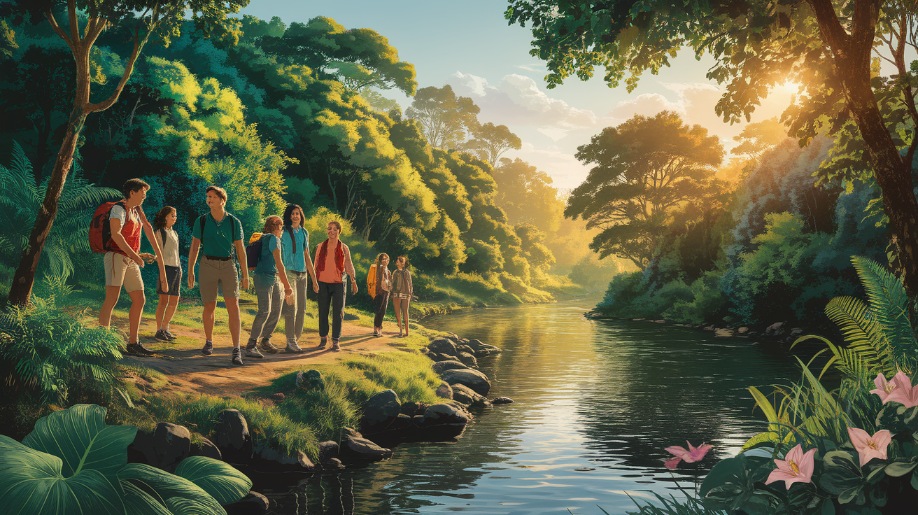 A conceptual illustration representing Eco-Tourism - Responsible Exploration. Visualize the main ideas: . Creative but clear representation of the concept. Style: photorealistic. high quality, detailed, professional, clean composition, good lighting, sharp focus, well-composed. high quality, professional, detailed, well-composed