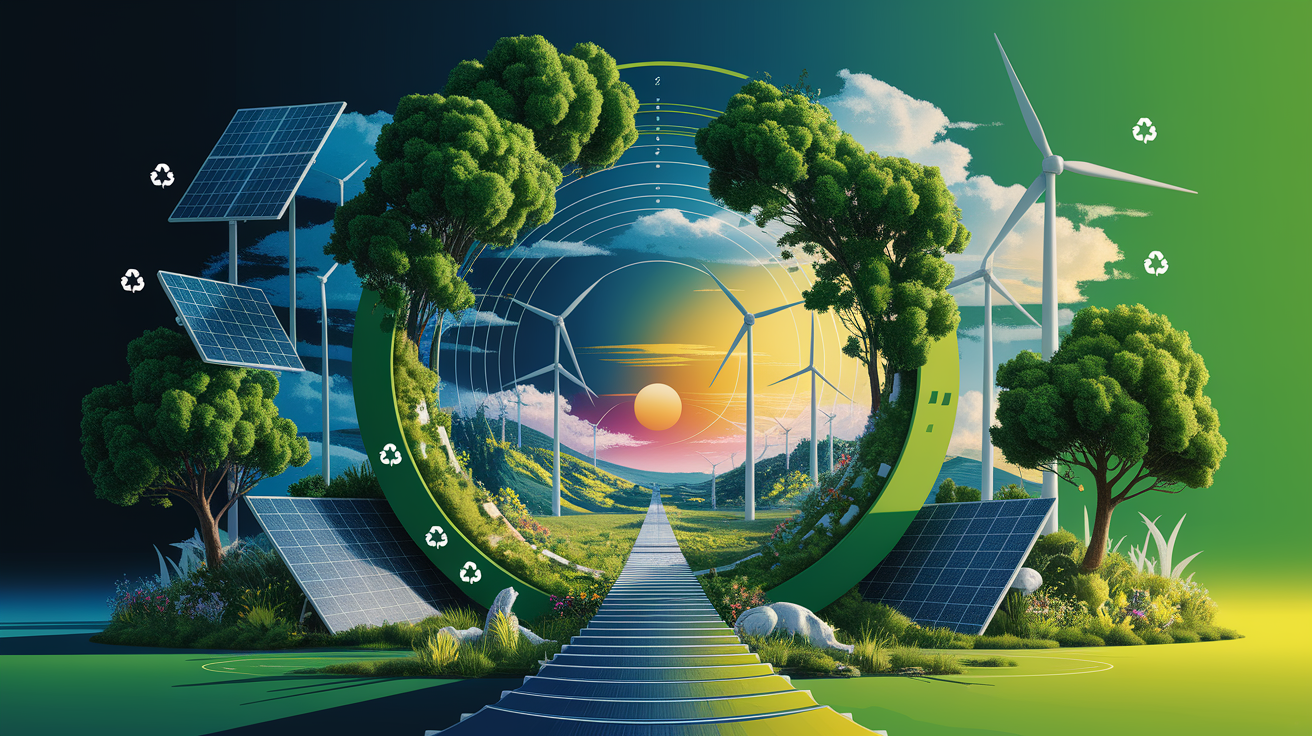 A conceptual illustration representing Sustainability and Environmental Impact. Visualize the main ideas: . Creative but clear representation of the concept. Style: Visual Theme: Clean, modern aesthetic with high contrast and vibrant energy. Emphasize the intersect. high quality, detailed, professional, clean composition, good lighting, sharp focus, well-composed. high quality, professional, detailed, well-composed