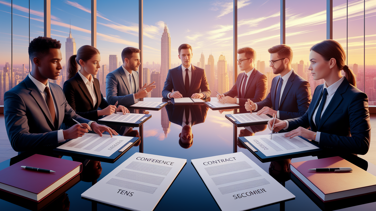 A conceptual illustration representing Contractual Agreements. Visualize the main ideas: . Creative but clear representation of the concept. Style: photorealistic. high quality, detailed, professional, clean composition, good lighting, sharp focus, well-composed. high quality, professional, detailed, well-composed