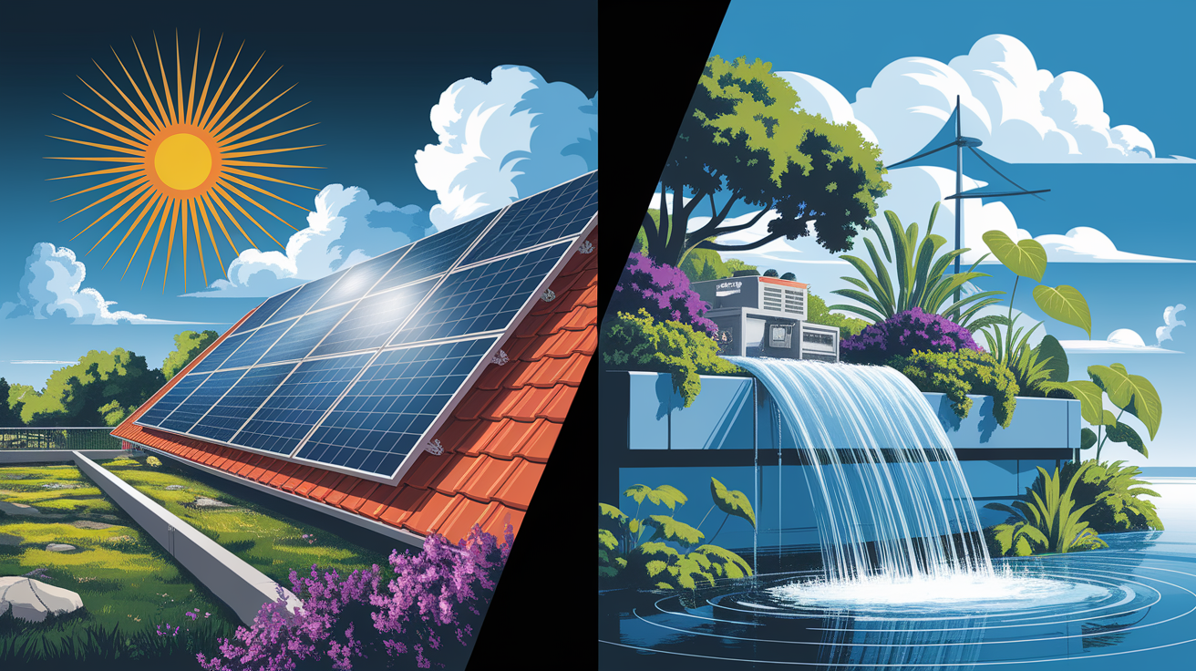 A side-by-side comparison visual for The Synergy Between Solar Energy and Water Conservation. Show contrasting elements: . Use clear visual separation, possibly with split-screen or before/after layout. Style: Visual Theme: Clean, modern aesthetic with high contrast and vibrant energy. Emphasize the intersect. high quality, detailed, professional, clean composition, good lighting, sharp focus, well-composed. high quality, professional, detailed, well-composed
