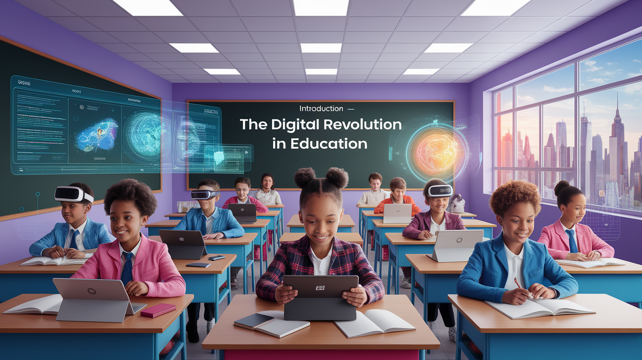 A conceptual illustration representing Introduction - The Digital Revolution in Education. Visualize the main ideas: . Creative but clear representation of the concept. Style: photorealistic. high quality, detailed, professional, clean composition, good lighting, sharp focus, well-composed. high quality, professional, detailed, well-composed