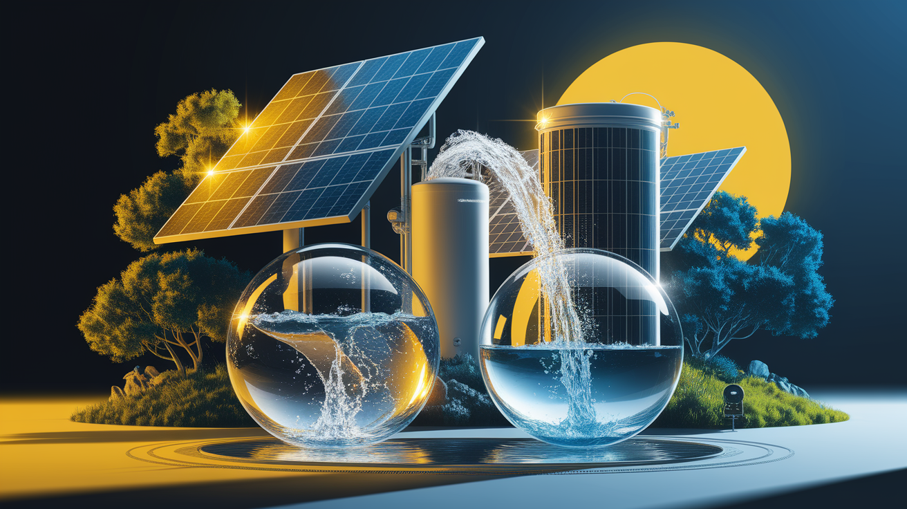 A conceptual illustration representing Innovations in Solar Water Solutions. Visualize the main ideas: . Creative but clear representation of the concept. Style: Visual Theme: Clean, modern aesthetic with high contrast and vibrant energy. Emphasize the intersect. high quality, detailed, professional, clean composition, good lighting, sharp focus, well-composed. high quality, professional, detailed, well-composed
