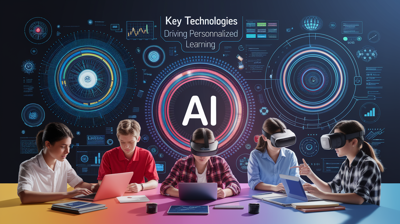 A conceptual illustration representing Key Technologies Driving Personalized Learning. Visualize the main ideas: . Creative but clear representation of the concept. Style: photorealistic. high quality, detailed, professional, clean composition, good lighting, sharp focus, well-composed. high quality, professional, detailed, well-composed