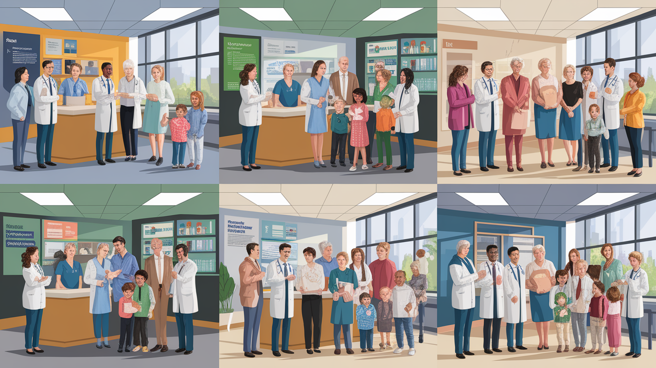 A conceptual illustration representing Primary Care and Community Health Centers. Visualize the main ideas: . Creative but clear representation of the concept. Style: photorealistic. high quality, detailed, professional, clean composition, good lighting, sharp focus, well-composed. high quality, professional, detailed, well-composed