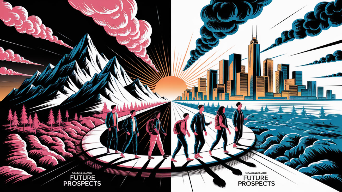 A conceptual illustration representing Challenges and Future Prospects. Visualize the main ideas: . Creative but clear representation of the concept. Style: Visual Theme: Clean, modern aesthetic with high contrast and vibrant energy. Emphasize the intersect. high quality, detailed, professional, clean composition, good lighting, sharp focus, well-composed. high quality, professional, detailed, well-composed