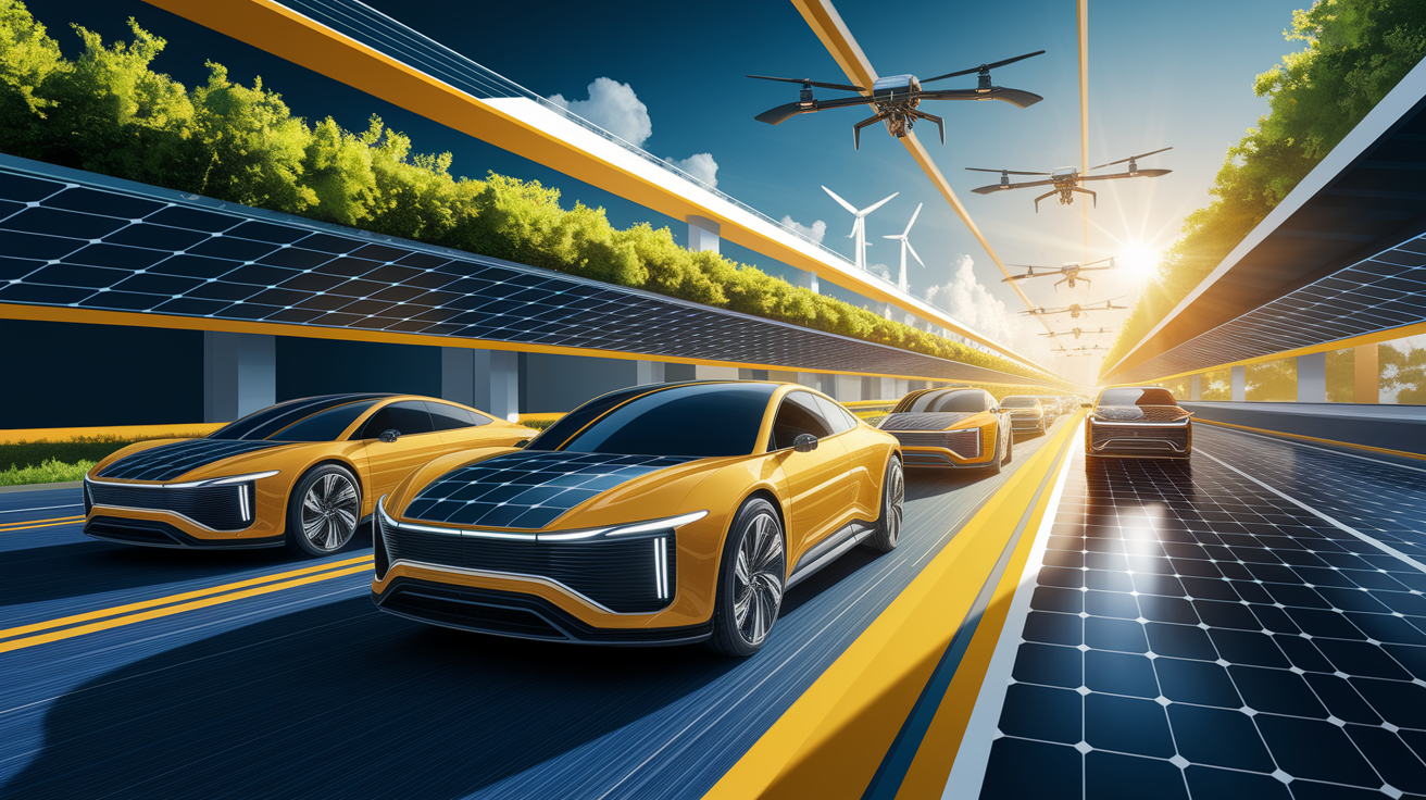 A conceptual illustration representing The Bright Future of Solar-Powered Transport. Visualize the main ideas: . Creative but clear representation of the concept. Style: Visual Theme: Clean, modern aesthetic with high contrast and vibrant energy. Emphasize the intersect. high quality, detailed, professional, clean composition, good lighting, sharp focus, well-composed. high quality, professional, detailed, well-composed