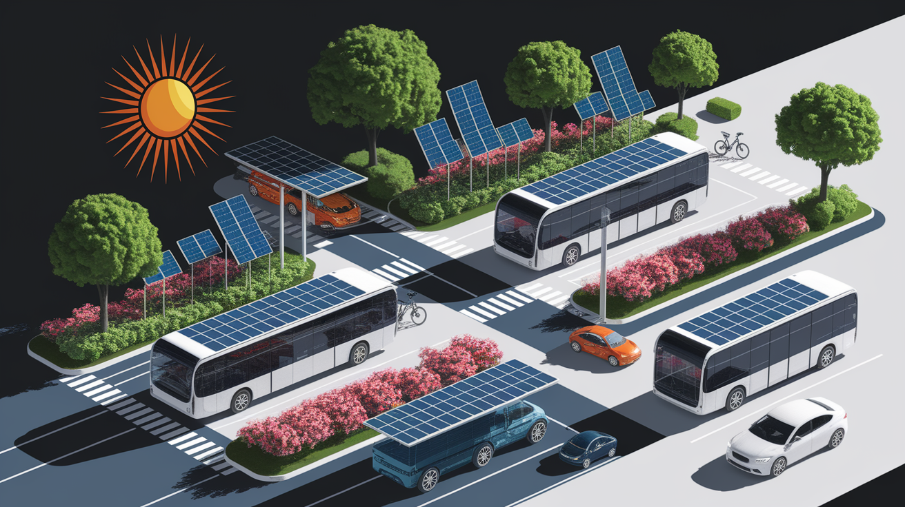 A conceptual illustration representing Benefits of Solar Integration in Transport. Visualize the main ideas: . Creative but clear representation of the concept. Style: Visual Theme: Clean, modern aesthetic with high contrast and vibrant energy. Emphasize the intersect. high quality, detailed, professional, clean composition, good lighting, sharp focus, well-composed. high quality, professional, detailed, well-composed