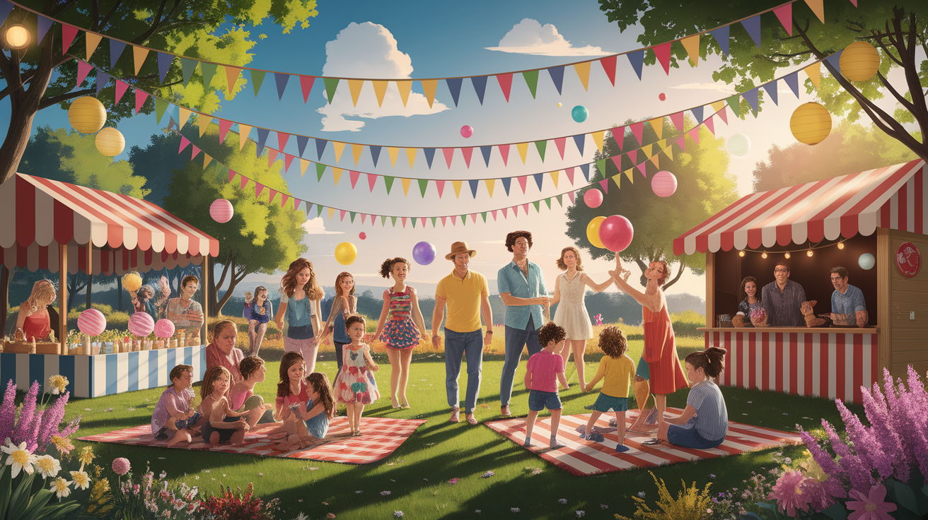 A conceptual illustration representing Family-Friendly Festivities. Visualize the main ideas: . Creative but clear representation of the concept. Style: photorealistic. high quality, detailed, professional, clean composition, good lighting, sharp focus, well-composed. high quality, professional, detailed, well-composed