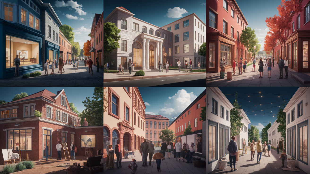 A conceptual illustration representing Key Venues for Local Art Exploration. Visualize the main ideas: . Creative but clear representation of the concept. Style: photorealistic. high quality, detailed, professional, clean composition, good lighting, sharp focus, well-composed. high quality, professional, detailed, well-composed