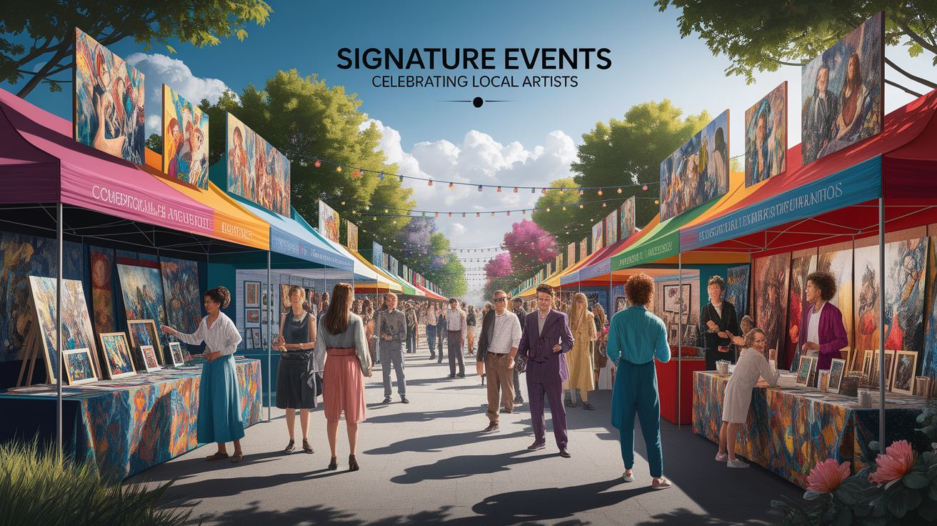 A conceptual illustration representing Signature Events Celebrating Local Artists. Visualize the main ideas: . Creative but clear representation of the concept. Style: photorealistic. high quality, detailed, professional, clean composition, good lighting, sharp focus, well-composed. high quality, professional, detailed, well-composed
