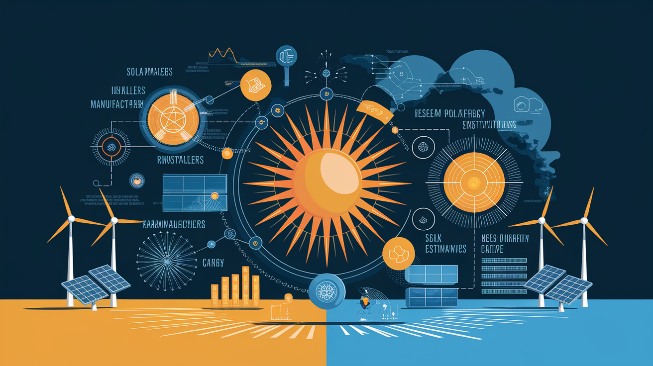 A conceptual illustration representing Key Players in the Solar Energy Ecosystem. Visualize the main ideas: . Creative but clear representation of the concept. Style: Visual Theme: Clean, modern aesthetic with high contrast and vibrant energy. Emphasize the intersect. high quality, detailed, professional, clean composition, good lighting, sharp focus, well-composed. high quality, professional, detailed, well-composed
