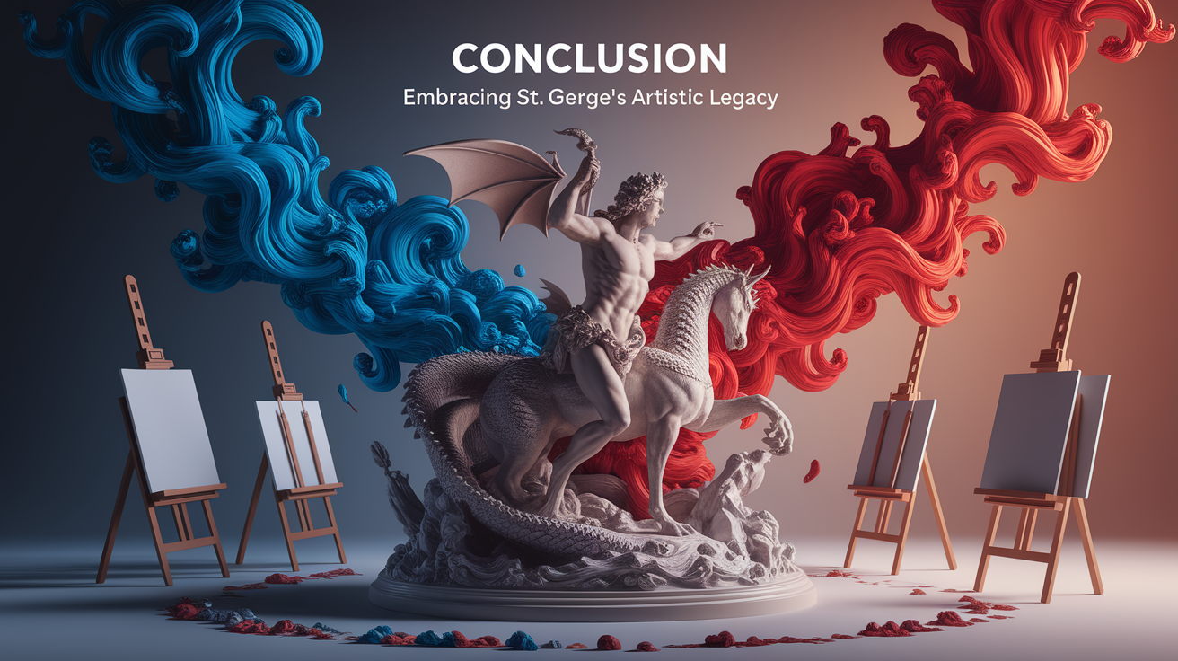 A conceptual illustration representing Conclusion: Embracing St. George's Artistic Legacy. Visualize the main ideas: . Creative but clear representation of the concept. Style: photorealistic. high quality, detailed, professional, clean composition, good lighting, sharp focus, well-composed. high quality, professional, detailed, well-composed