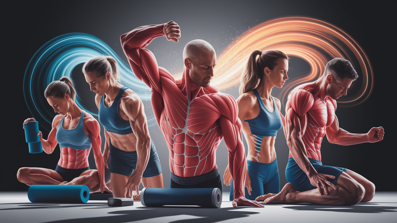 A conceptual illustration representing Muscle Recovery and Performance. Visualize the main ideas: . Creative but clear representation of the concept. Style: photorealistic. high quality, detailed, professional, clean composition, good lighting, sharp focus, well-composed. high quality, professional, detailed, well-composed