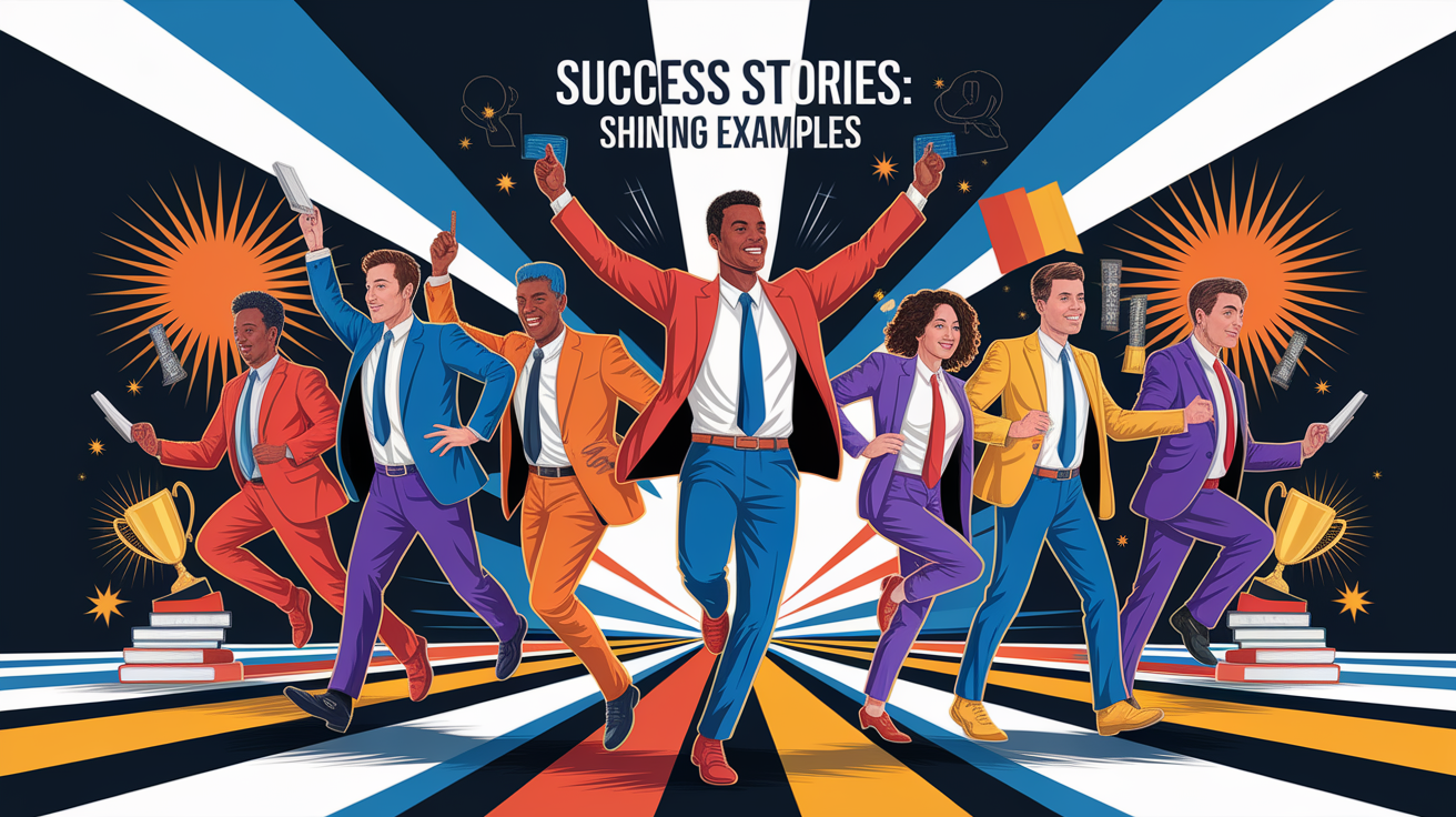 A conceptual illustration representing Success Stories: Shining Examples. Visualize the main ideas: . Creative but clear representation of the concept. Style: Visual Theme: Clean, modern aesthetic with high contrast and vibrant energy. Emphasize the intersect. high quality, detailed, professional, clean composition, good lighting, sharp focus, well-composed. high quality, professional, detailed, well-composed