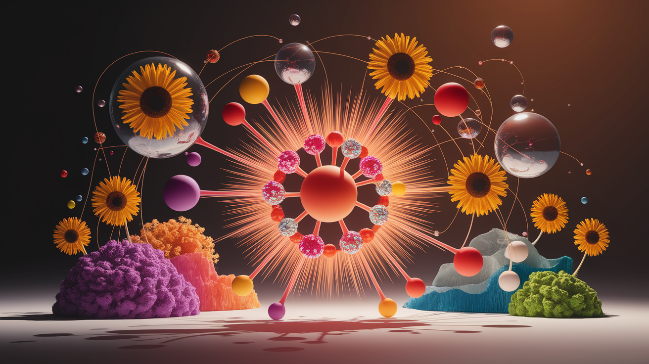 A conceptual illustration representing The Chemistry of Happiness. Visualize the main ideas: . Creative but clear representation of the concept. Style: photorealistic. high quality, detailed, professional, clean composition, good lighting, sharp focus, well-composed. high quality, professional, detailed, well-composed