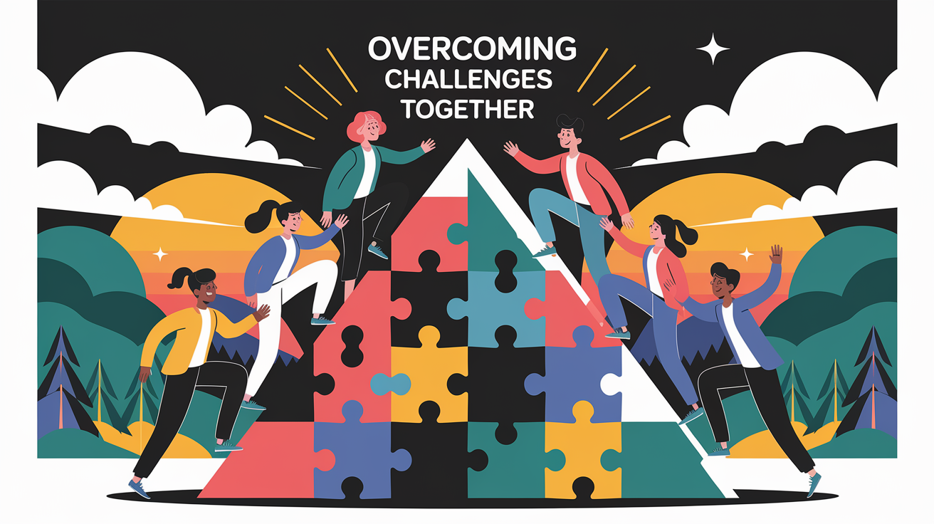 A conceptual illustration representing Overcoming Challenges Together. Visualize the main ideas: . Creative but clear representation of the concept. Style: Visual Theme: Clean, modern aesthetic with high contrast and vibrant energy. Emphasize the intersect. high quality, detailed, professional, clean composition, good lighting, sharp focus, well-composed. high quality, professional, detailed, well-composed