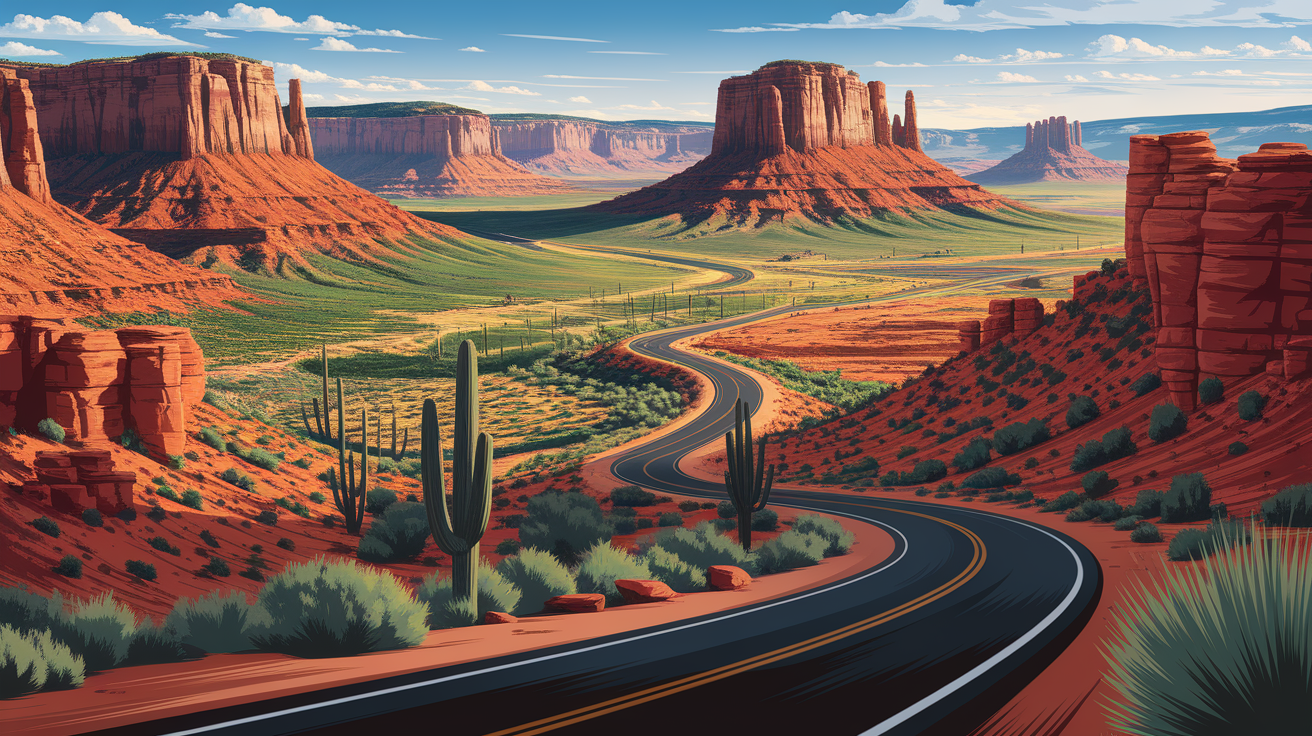 A conceptual illustration representing Top Scenic Drives in St. George. Visualize the main ideas: . Creative but clear representation of the concept. Style: photorealistic. high quality, detailed, professional, clean composition, good lighting, sharp focus, well-composed. high quality, professional, detailed, well-composed
