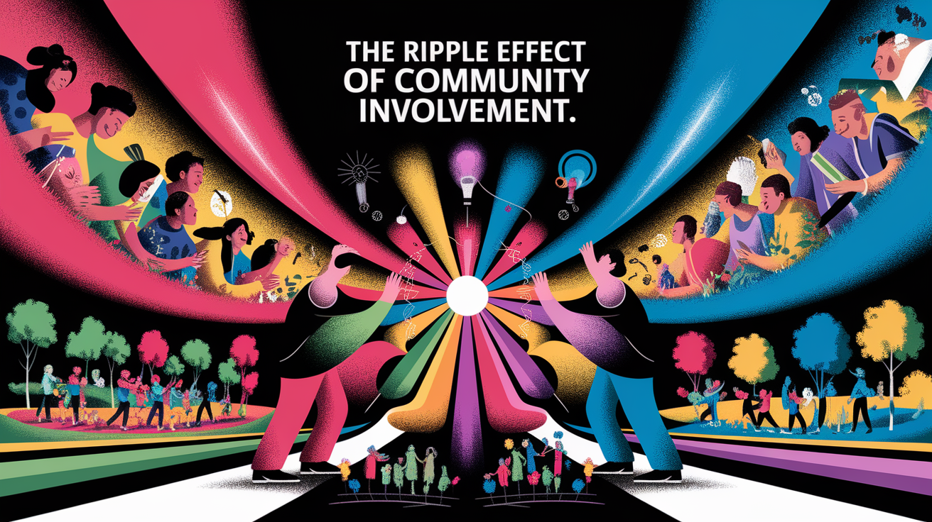 A conceptual illustration representing The Ripple Effect of Community Involvement. Visualize the main ideas: . Creative but clear representation of the concept. Style: Visual Theme: Clean, modern aesthetic with high contrast and vibrant energy. Emphasize the intersect. high quality, detailed, professional, clean composition, good lighting, sharp focus, well-composed. high quality, professional, detailed, well-composed