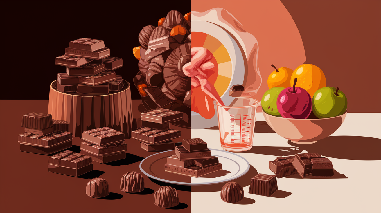 A conceptual illustration representing The Role of Dark Chocolate and Moderation. Visualize the main ideas: . Creative but clear representation of the concept. Style: photorealistic. high quality, detailed, professional, clean composition, good lighting, sharp focus, well-composed. high quality, professional, detailed, well-composed