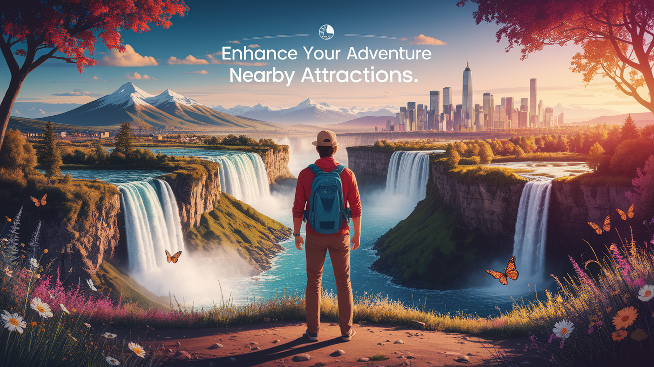 A conceptual illustration representing Enhance Your Adventure with Nearby Attractions. Visualize the main ideas: . Creative but clear representation of the concept. Style: photorealistic. high quality, detailed, professional, clean composition, good lighting, sharp focus, well-composed. high quality, professional, detailed, well-composed