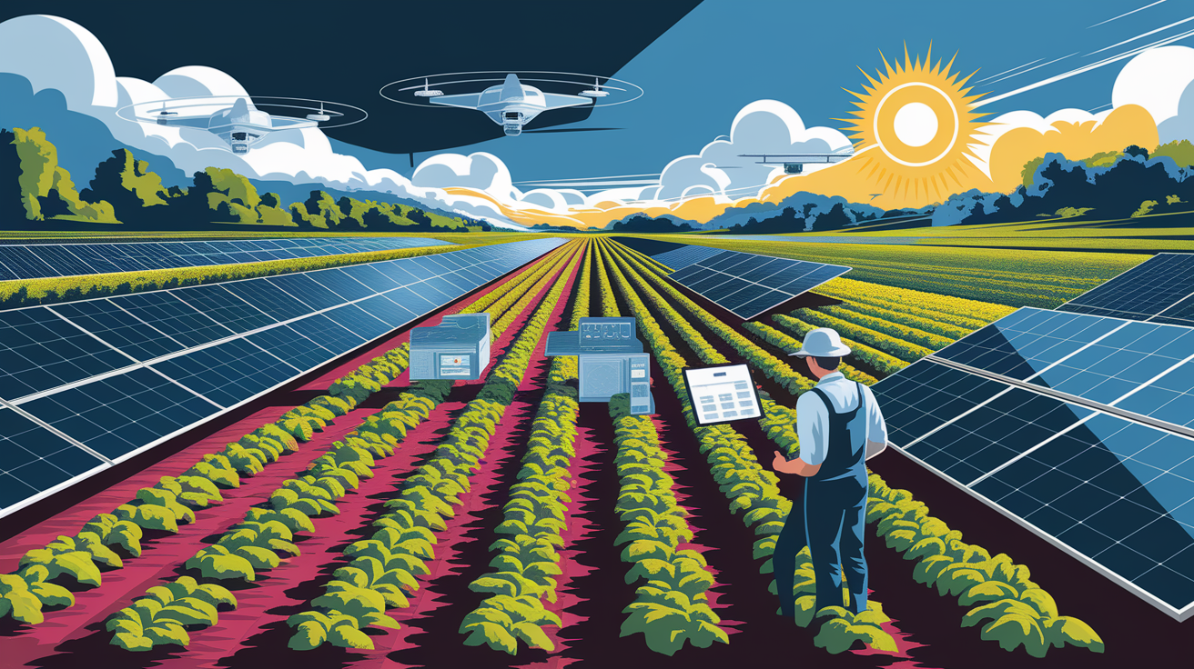 A conceptual illustration representing The Solar Revolution in Agriculture. Visualize the main ideas: . Creative but clear representation of the concept. Style: Visual Theme: Clean, modern aesthetic with high contrast and vibrant energy. Emphasize the intersect. high quality, detailed, professional, clean composition, good lighting, sharp focus, well-composed. high quality, professional, detailed, well-composed