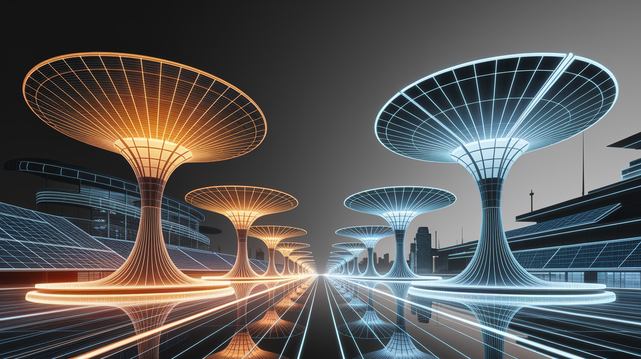 A conceptual illustration representing Cutting-Edge Solar Technologies. Visualize the main ideas: . Creative but clear representation of the concept. Style: Visual Theme: Clean, modern aesthetic with high contrast and vibrant energy. Emphasize the intersect. high quality, detailed, professional, clean composition, good lighting, sharp focus, well-composed. high quality, professional, detailed, well-composed