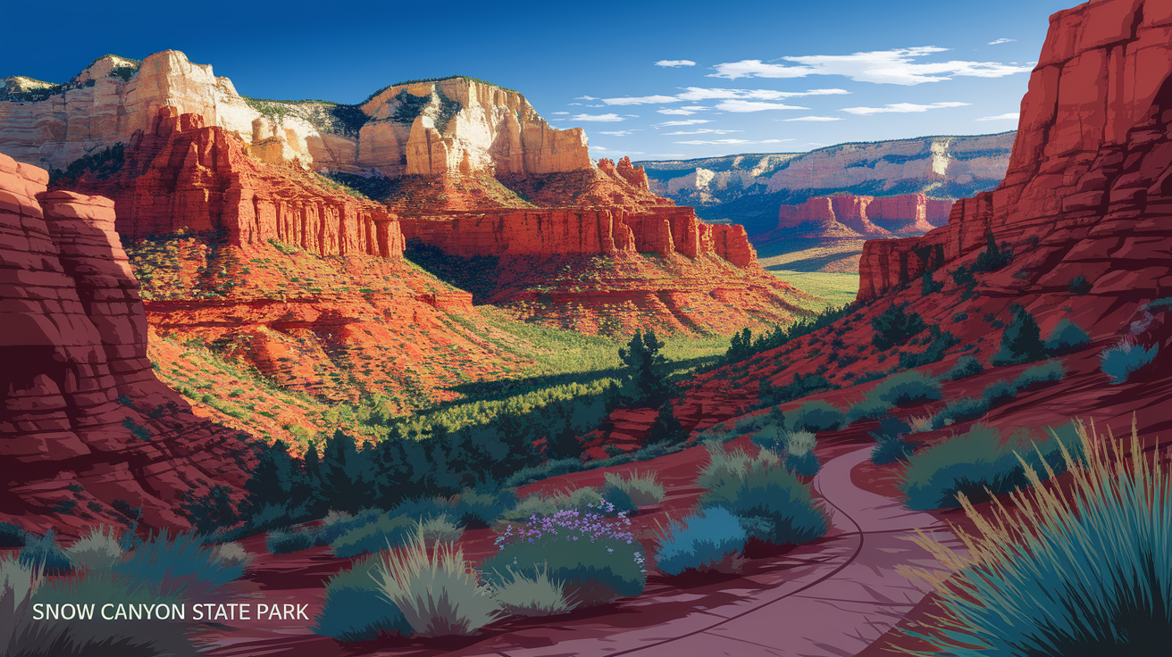 A conceptual illustration representing Snow Canyon State Park - A Hidden Gem. Visualize the main ideas: . Creative but clear representation of the concept. Style: photorealistic. high quality, detailed, professional, clean composition, good lighting, sharp focus, well-composed. high quality, professional, detailed, well-composed