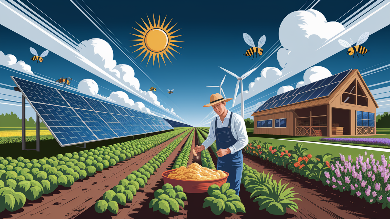 A conceptual illustration representing Benefits of Solar Energy in Agriculture. Visualize the main ideas: . Creative but clear representation of the concept. Style: Visual Theme: Clean, modern aesthetic with high contrast and vibrant energy. Emphasize the intersect. high quality, detailed, professional, clean composition, good lighting, sharp focus, well-composed. high quality, professional, detailed, well-composed