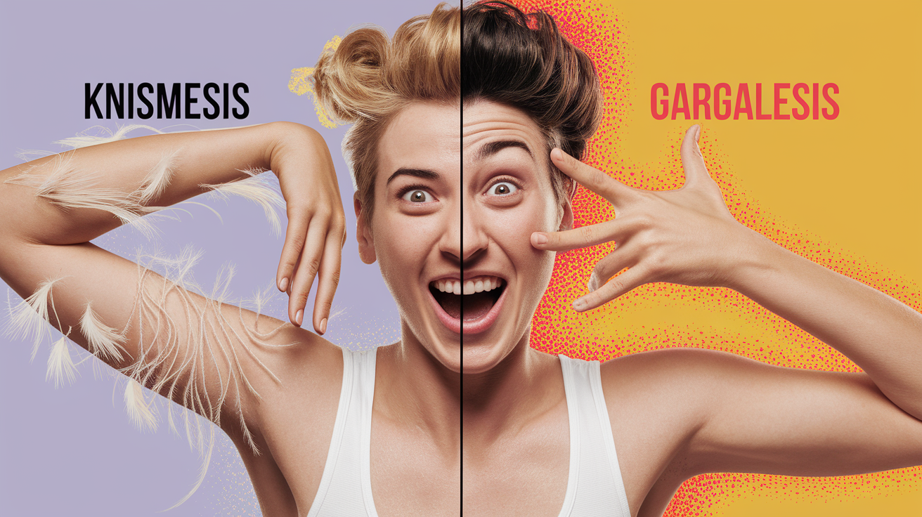 A side-by-side comparison visual for Types of Tickling - Knismesis vs. Gargalesis. Show contrasting elements: . Use clear visual separation, possibly with split-screen or before/after layout. Style: photorealistic. high quality, detailed, professional, clean composition, good lighting, sharp focus, well-composed. high quality, professional, detailed, well-composed