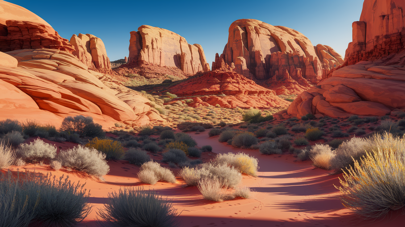 A conceptual illustration representing Sand Hollow State Park and Yant Flat - Desert Wonders. Visualize the main ideas: . Creative but clear representation of the concept. Style: photorealistic. high quality, detailed, professional, clean composition, good lighting, sharp focus, well-composed. high quality, professional, detailed, well-composed