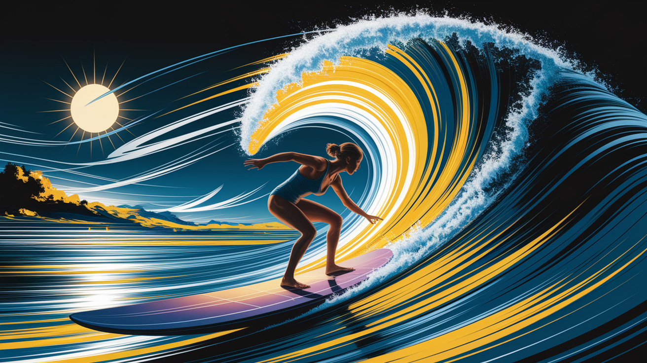 A conceptual illustration representing Riding the Solar Wave. Visualize the main ideas: . Creative but clear representation of the concept. Style: Visual Theme: Clean, modern aesthetic with high contrast and vibrant energy. Emphasize the intersect. high quality, detailed, professional, clean composition, good lighting, sharp focus, well-composed. high quality, professional, detailed, well-composed