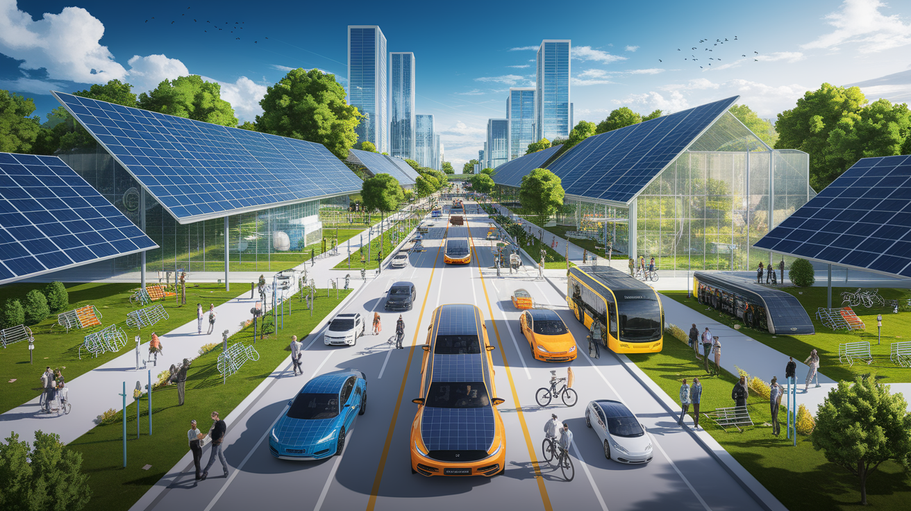 A conceptual illustration representing The Benefits of Solar-Powered Transportation. Visualize the main ideas: . Creative but clear representation of the concept. Style: Visual Theme: Clean, modern aesthetic with high contrast and vibrant energy. Emphasize the intersect. high quality, detailed, professional, clean composition, good lighting, sharp focus, well-composed. high quality, professional, detailed, well-composed