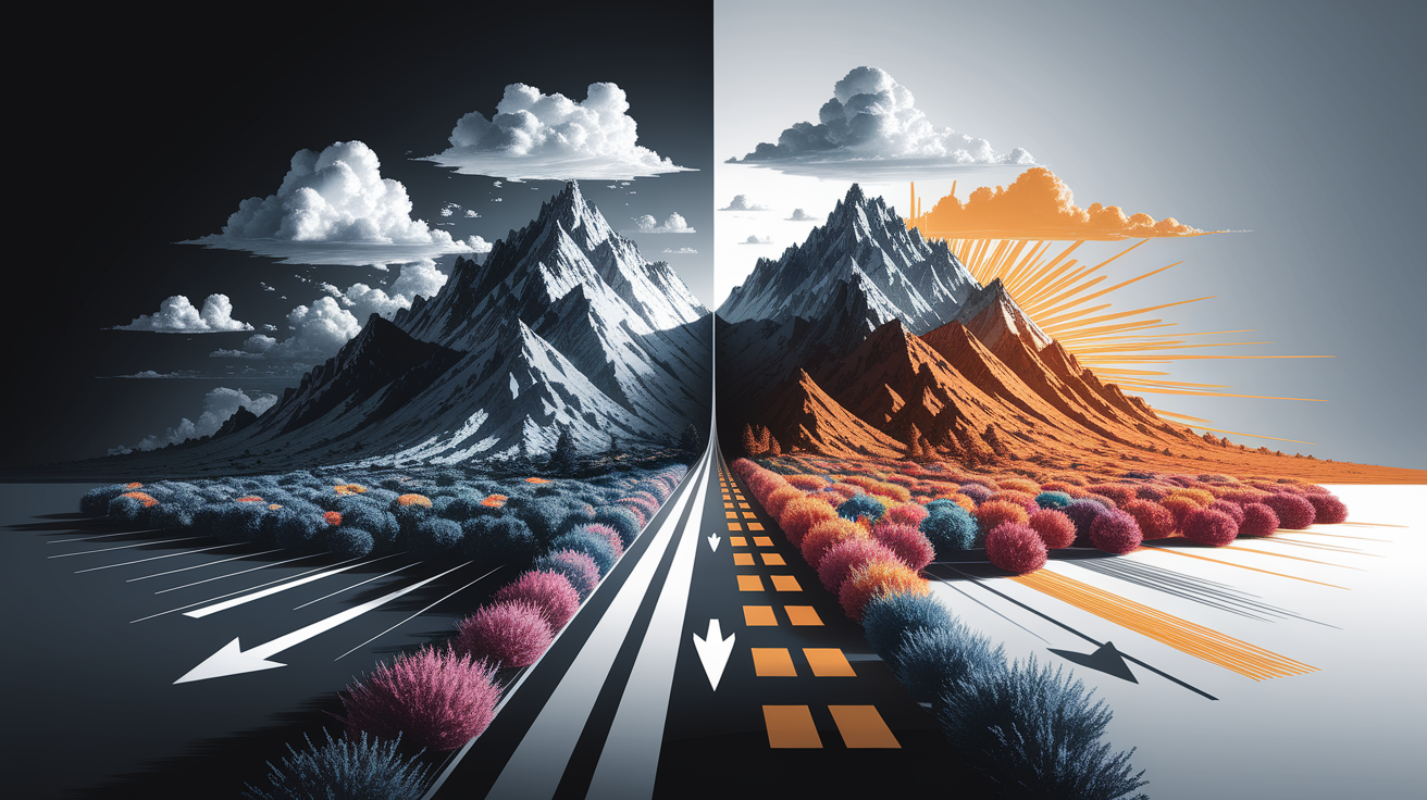 A conceptual illustration representing Challenges and Opportunities. Visualize the main ideas: . Creative but clear representation of the concept. Style: Visual Theme: Clean, modern aesthetic with high contrast and vibrant energy. Emphasize the intersect. high quality, detailed, professional, clean composition, good lighting, sharp focus, well-composed. high quality, professional, detailed, well-composed