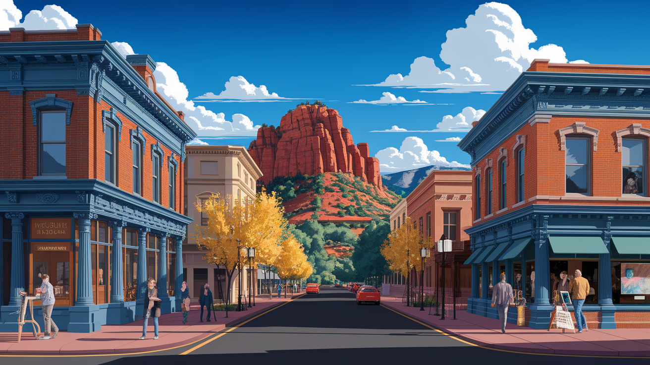 A conceptual illustration representing Historic Downtown St. George. Visualize the main ideas: . Creative but clear representation of the concept. Style: photorealistic. high quality, detailed, professional, clean composition, good lighting, sharp focus, well-composed. high quality, professional, detailed, well-composed