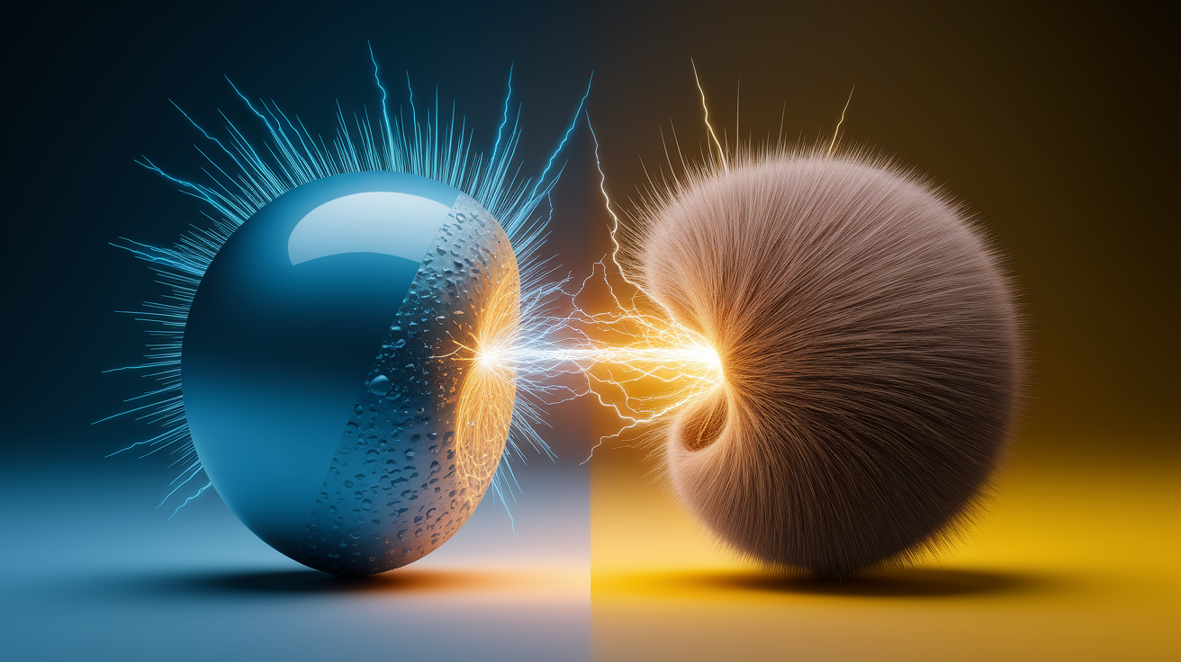 A conceptual illustration representing The Triboelectric Effect: A Closer Look. Visualize the main ideas: . Creative but clear representation of the concept. Style: photorealistic. high quality, detailed, professional, clean composition, good lighting, sharp focus, well-composed. high quality, professional, detailed, well-composed