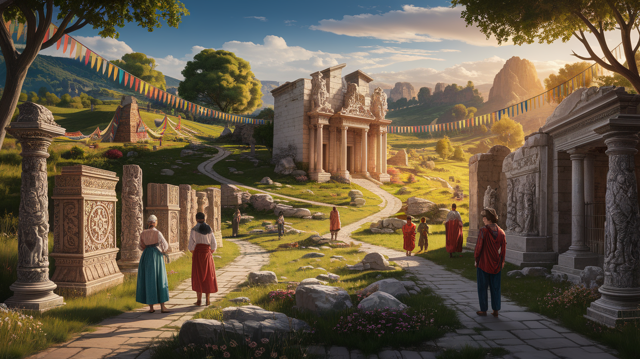 A conceptual illustration representing Cultural Trails and Ancient Artifacts. Visualize the main ideas: . Creative but clear representation of the concept. Style: photorealistic. high quality, detailed, professional, clean composition, good lighting, sharp focus, well-composed. high quality, professional, detailed, well-composed