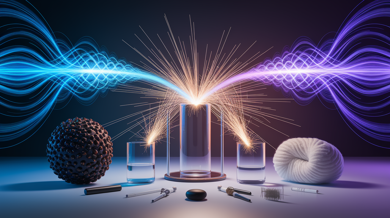 A conceptual illustration representing Factors Influencing Static Charge Accumulation. Visualize the main ideas: . Creative but clear representation of the concept. Style: photorealistic. high quality, detailed, professional, clean composition, good lighting, sharp focus, well-composed. high quality, professional, detailed, well-composed