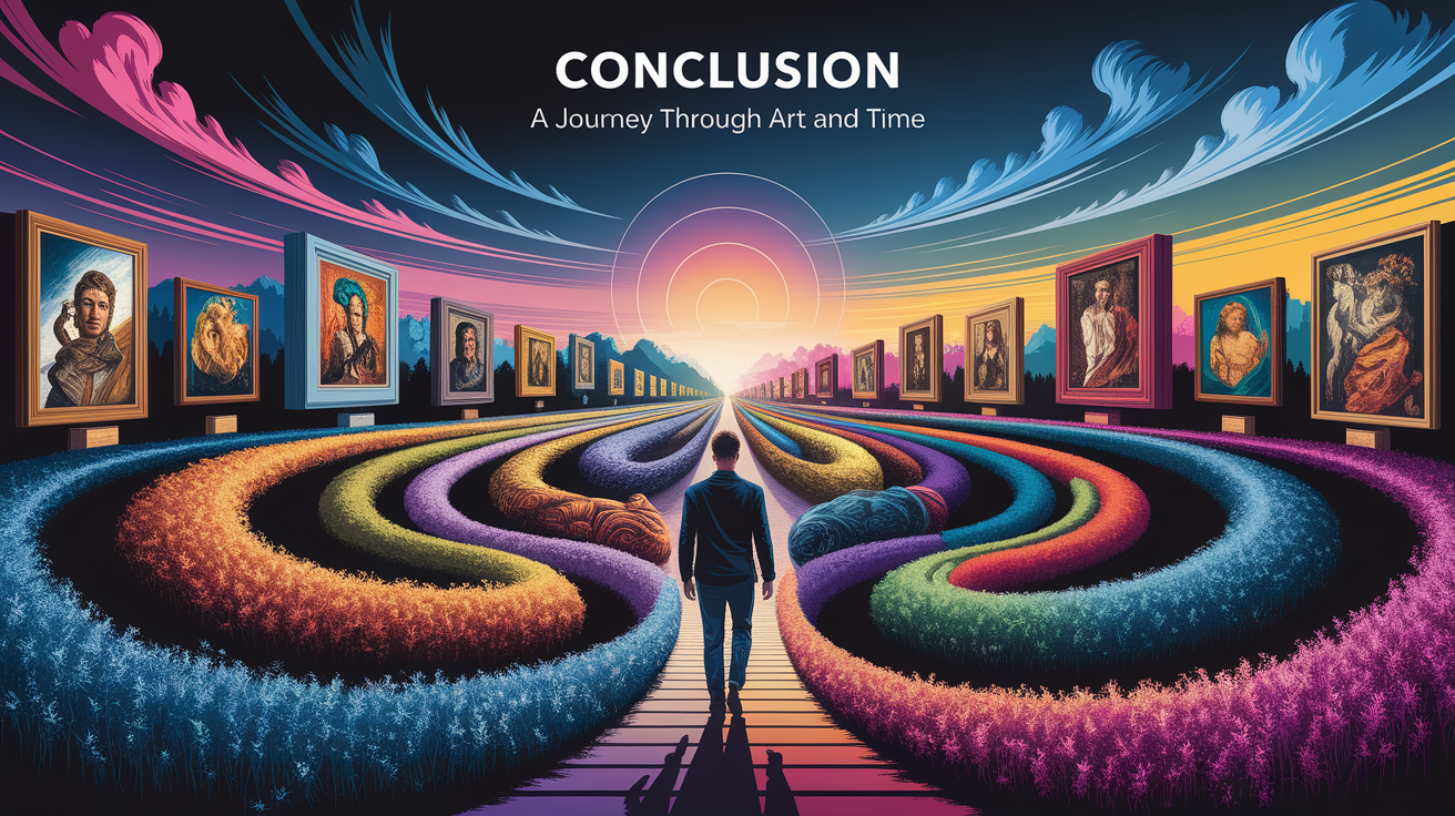 A conceptual illustration representing Conclusion: A Journey Through Art and Time. Visualize the main ideas: . Creative but clear representation of the concept. Style: photorealistic. high quality, detailed, professional, clean composition, good lighting, sharp focus, well-composed. high quality, professional, detailed, well-composed