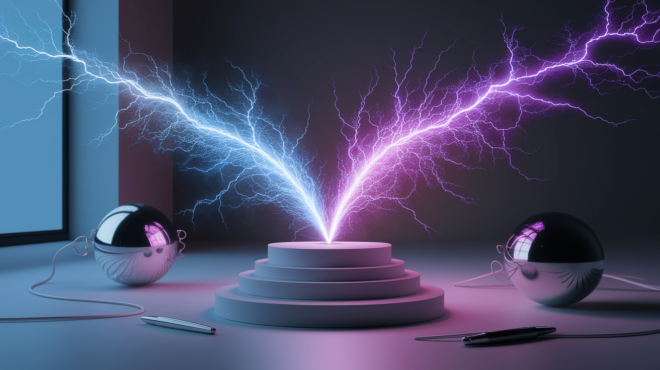 A conceptual illustration representing Electrostatic Discharge: The Spark of Static Electricity. Visualize the main ideas: . Creative but clear representation of the concept. Style: photorealistic. high quality, detailed, professional, clean composition, good lighting, sharp focus, well-composed. high quality, professional, detailed, well-composed