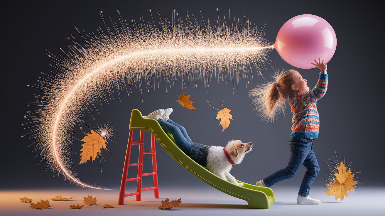 A conceptual illustration representing Everyday Examples and Measurements of Static Electricity. Visualize the main ideas: . Creative but clear representation of the concept. Style: photorealistic. high quality, detailed, professional, clean composition, good lighting, sharp focus, well-composed. high quality, professional, detailed, well-composed
