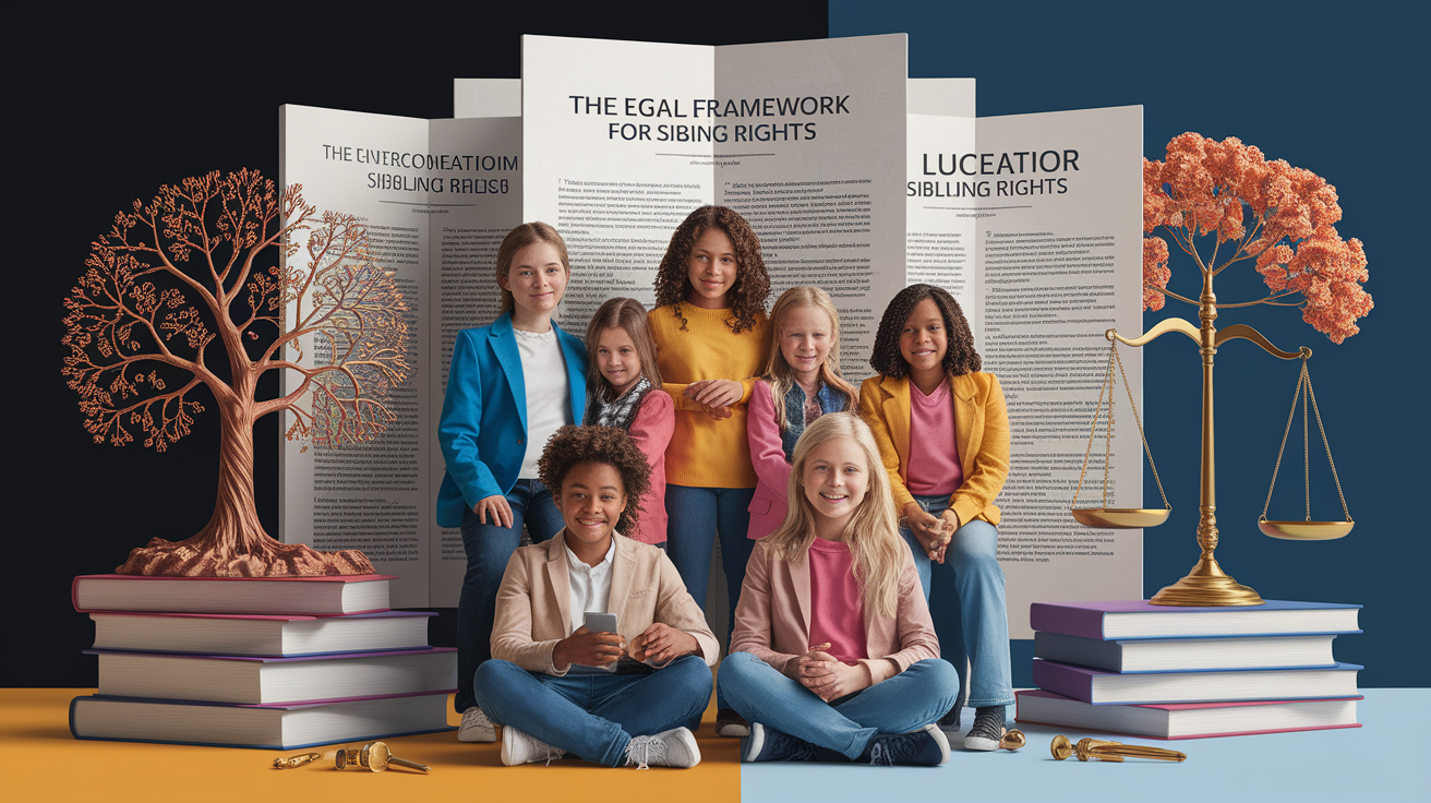 A conceptual illustration representing Legal Framework for Sibling Rights. Visualize the main ideas: . Creative but clear representation of the concept. Style: photorealistic. high quality, detailed, professional, clean composition, good lighting, sharp focus, well-composed. high quality, professional, detailed, well-composed